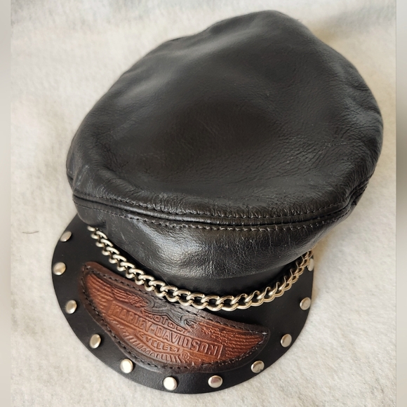 Harley Davidson Vintage Embossed Leather Captains Cap Hat With Chain - Picture 1 of 11